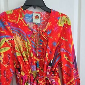FARM Rio Vibrant Red Dress with Multicolor Tropical Print